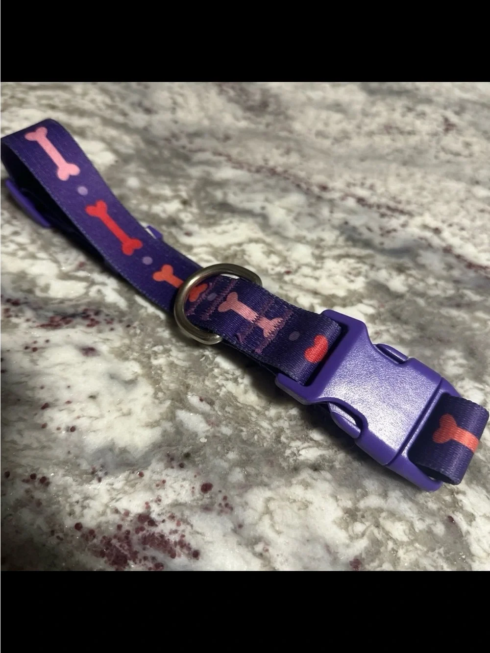 Large Purple Dog Collar with Pink Bones Pattern from Top Paw
